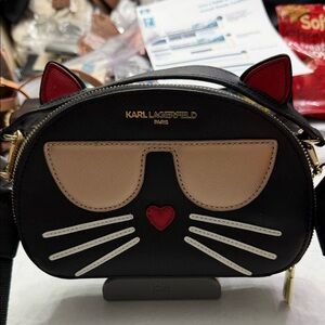 Karl Lagerfeld Black Cat Crossbody with Red and Cream Accents